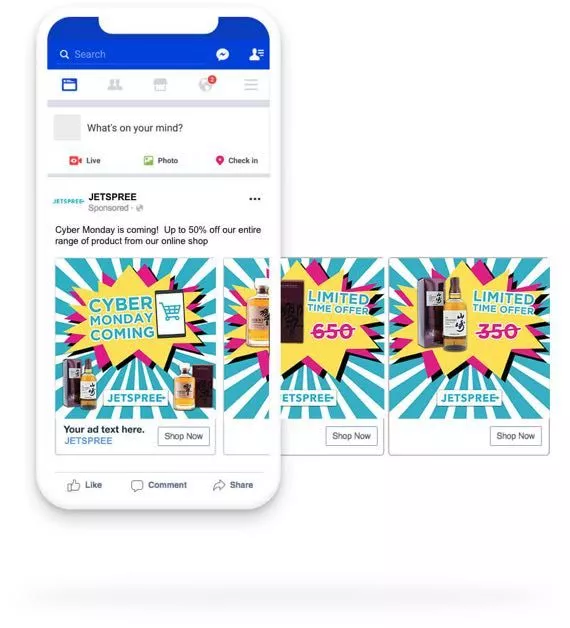 A Facebook carousel ad mockup for a Cyber Monday sale, featuring multiple product images with bright, comic-style graphics and promotional discount messages. The ad emphasizes limited-time offers and encourages users to shop online.