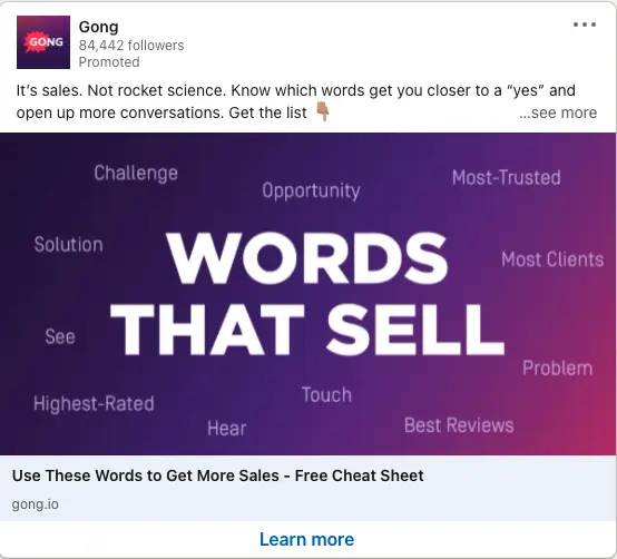 A LinkedIn ad from Gong promoting a free cheat sheet on persuasive sales language, featuring bold text "WORDS THAT SELL" on a gradient background with related sales terms. The ad emphasizes effective communication to increase sales conversions.