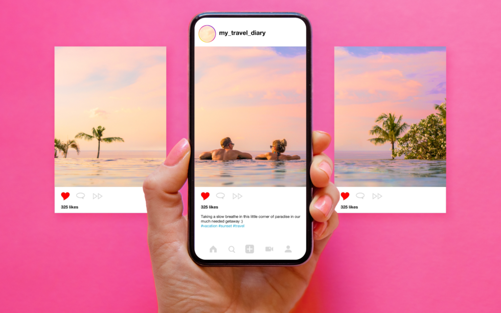 A hand holds a smartphone displaying a tropical vacation Instagram post, with two similar scenic posts in the background, all set against a bright pink backdrop.