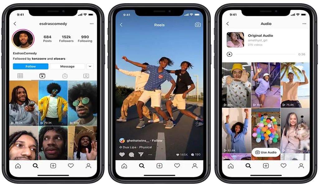 Three smartphone screens displaying Instagram features, including a profile page, a Reels video with dancing creators, and an audio selection page with various user-generated videos.