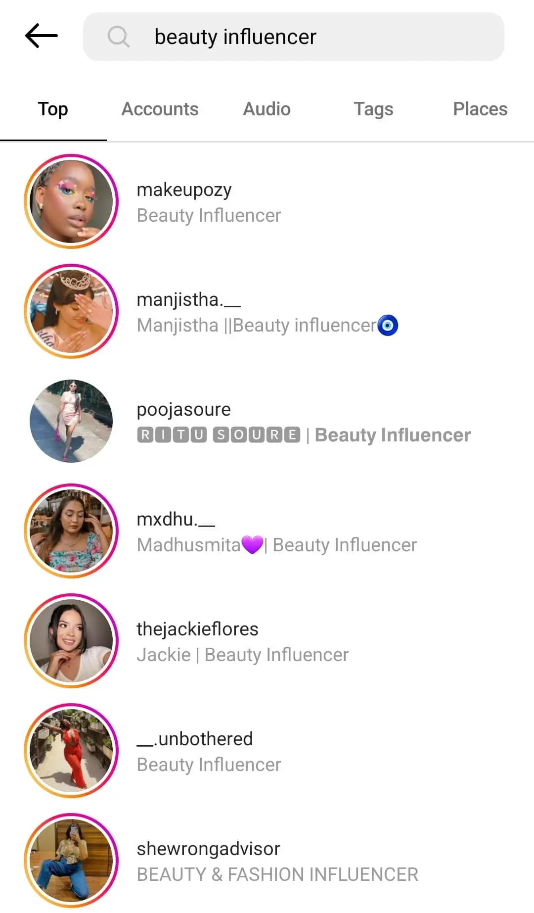 Instagram search results for "beauty influencer," displaying a list of influencer accounts with profile pictures and usernames.