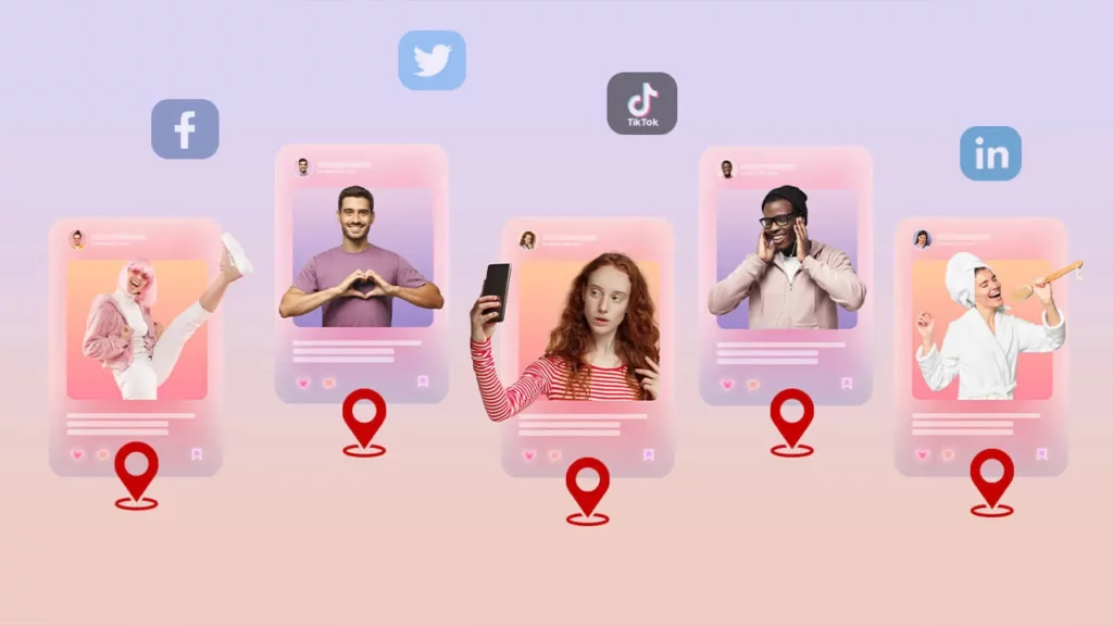 An illustration of diverse social media users interacting on platforms like Facebook, Twitter, TikTok, and LinkedIn, with location markers beneath their profiles. The image represents digital engagement and influencer presence across different networks.