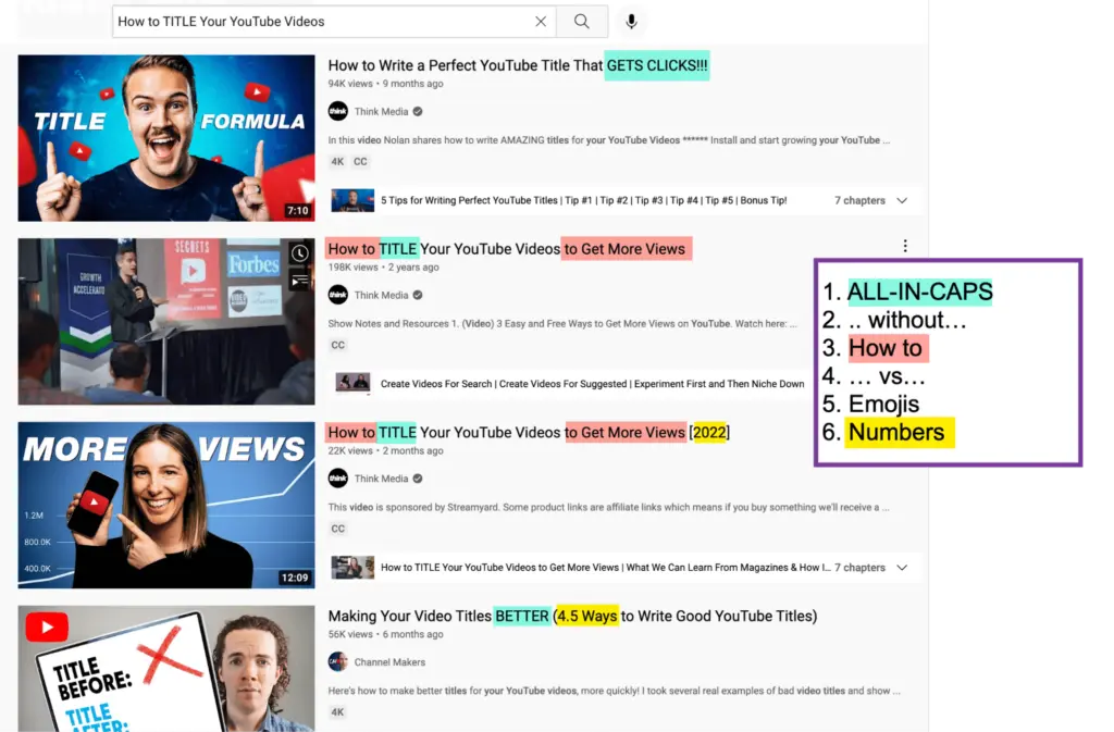 A YouTube search results page displaying video thumbnails and titles focused on optimizing YouTube video titles for better engagement. The image includes highlighted elements emphasizing best practices like using all caps, numbers, and "How to" phrases in titles.