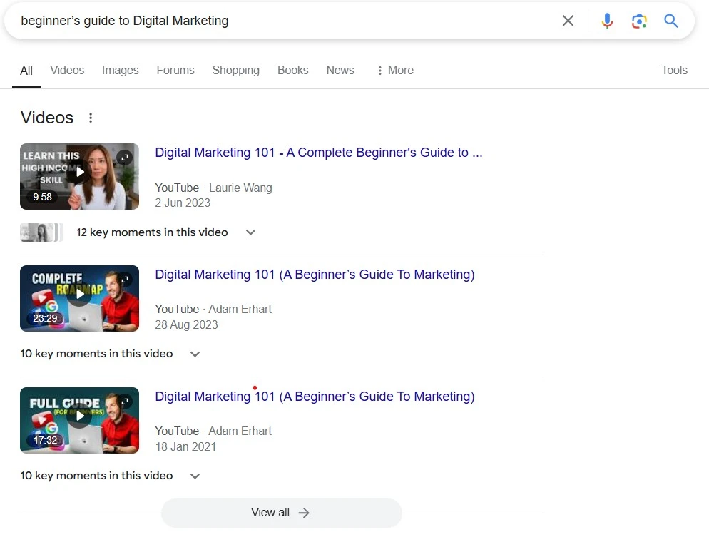 A Google search results page displaying YouTube video recommendations for "beginner’s guide to Digital Marketing," featuring tutorial videos from different creators. The image highlights video search rankings and key moments in each video.